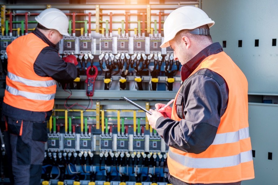 Engineers inspecting a wired control panel at the ENCS facility